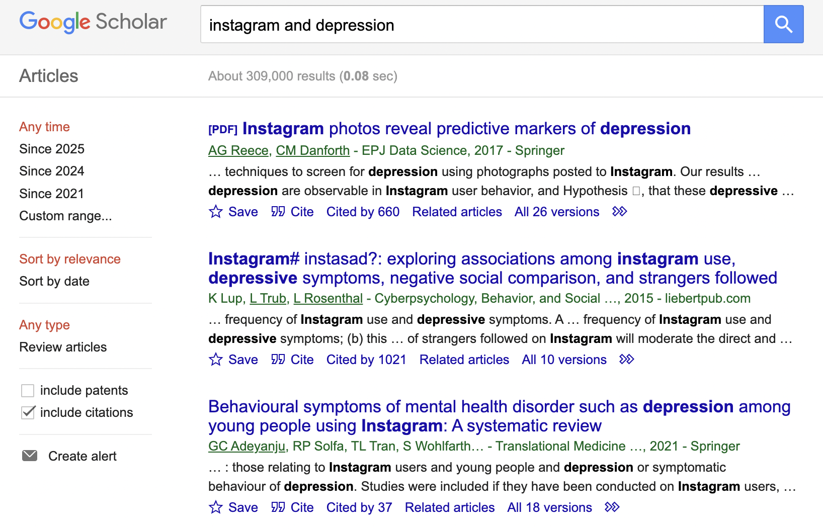 Google Scholar results for the search instagram and depression; (linked Image Description available)
