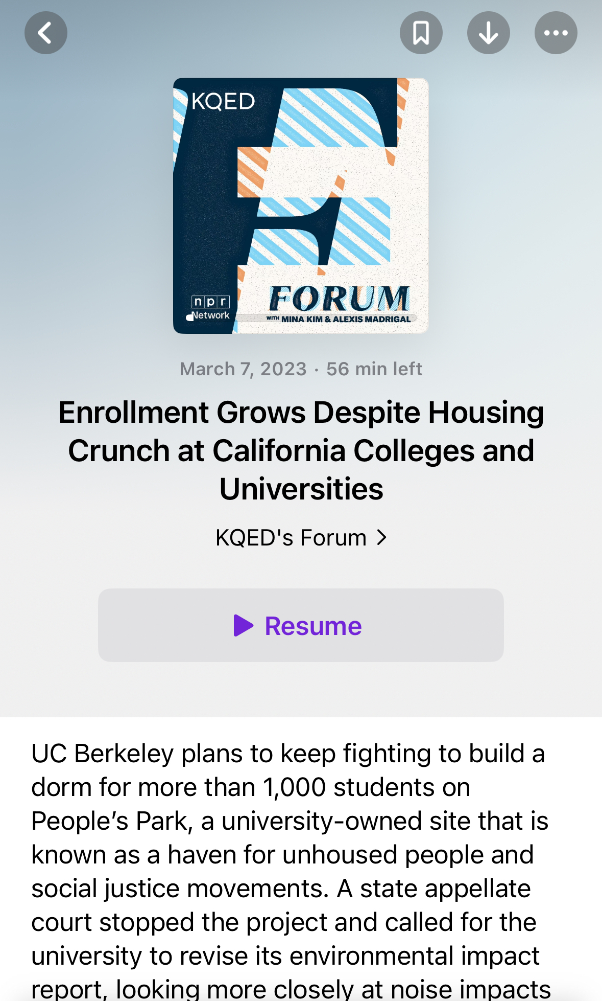 KQED Forum episode on a podcast app