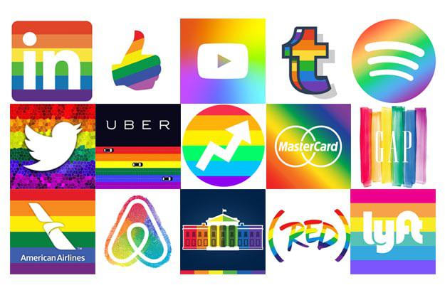 compilation image of various corporate logos rebranded with rainbow colors