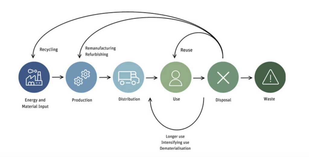 Flowchart illustrating the stages of a circular economy, including energy input, production, use, disposal, and waste, with arrows showing reuse, recycling, and remanufacturing to minimize waste.